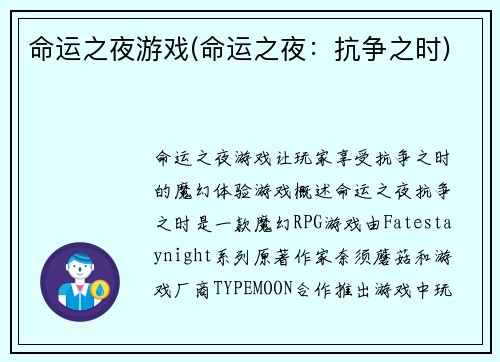 命运之夜游戏(命运之夜：抗争之时)
